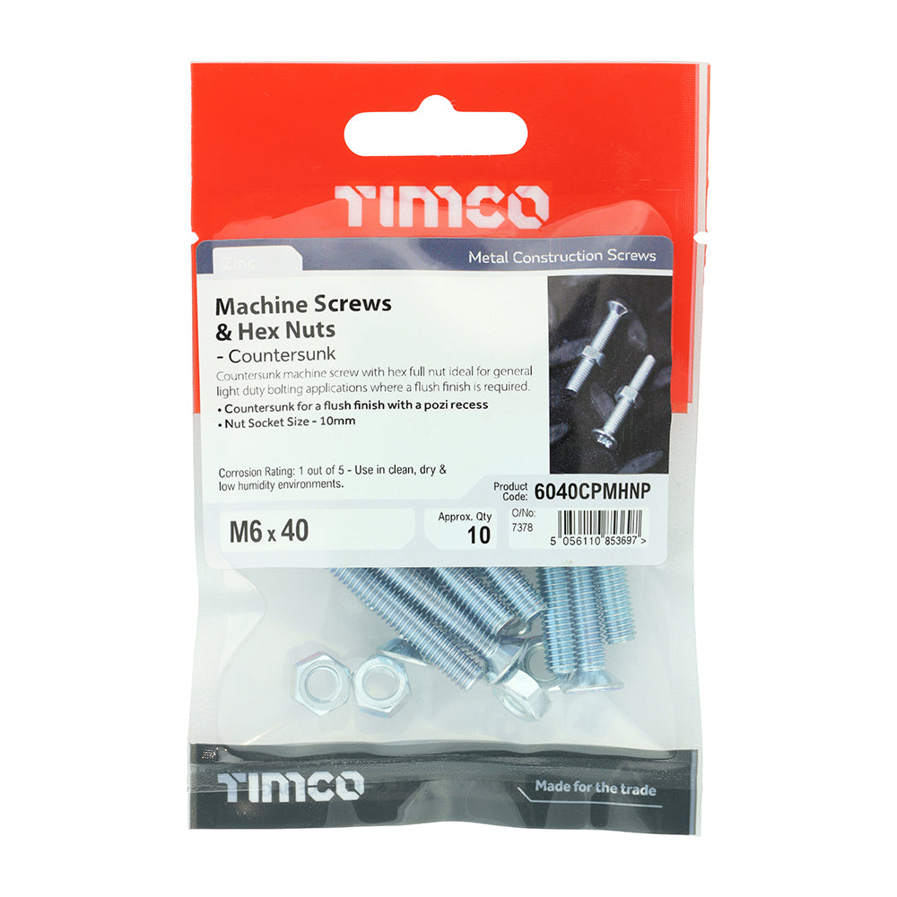 TIMCO Machine Countersunk Screws & Hex Nut Silver - M6 x 40 - Image