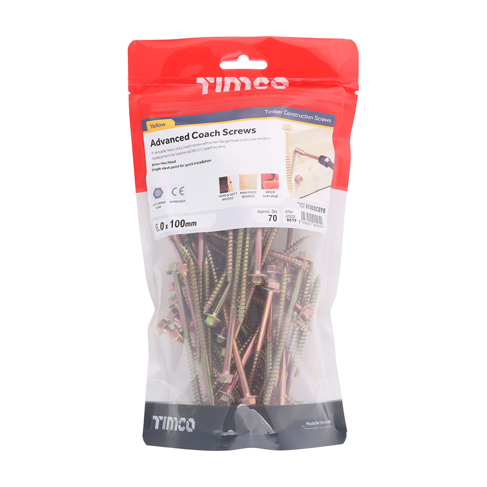 TIMCO Advanced Coach Screws - Hex Flange - Yellow - 6.0 x 100 - Image