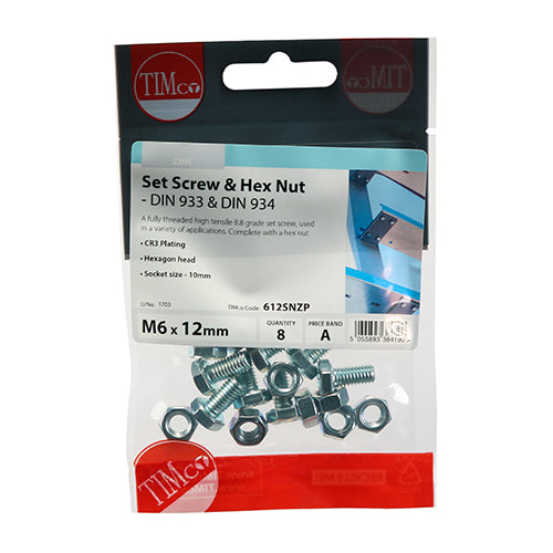 TIMCO Set Screws DIN933 Grade 8.8 & Hex Nut DIN934 Silver - M6 x 12 - Image