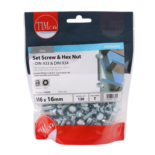 TIMCO Set Screws DIN933 Grade 8.8 & Hex Nut DIN934 Silver - M6 x 16 - Image