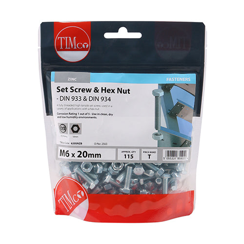 TIMCO Set Screws DIN933 Grade 8.8 & Hex Nut DIN934 Silver - M6 x 20 - Image