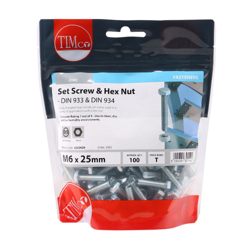 TIMCO Set Screws DIN933 Grade 8.8 & Hex Nut DIN934 Silver - M6 x 25 - Image