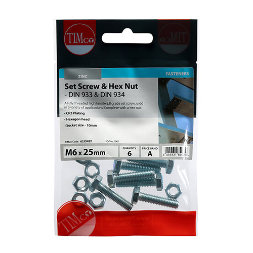 TIMCO Set Screws DIN933 Grade 8.8 & Hex Nut DIN934 Silver - M6 x 25 - Image