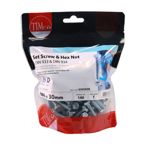 TIMCO Set Screws DIN933 Grade 8.8 & Hex Nut DIN934 Silver - M6 x 30 - Image