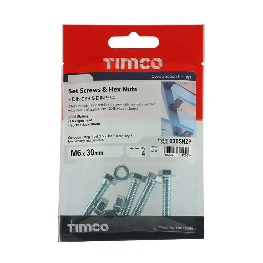 TIMCO Set Screws DIN933 Grade 8.8 & Hex Nut DIN934 Silver - M6 x 30 - Image