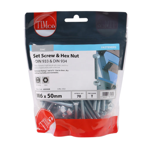TIMCO Set Screws DIN933 Grade 8.8 & Hex Nut DIN934 Silver - M6 x 50 - Image