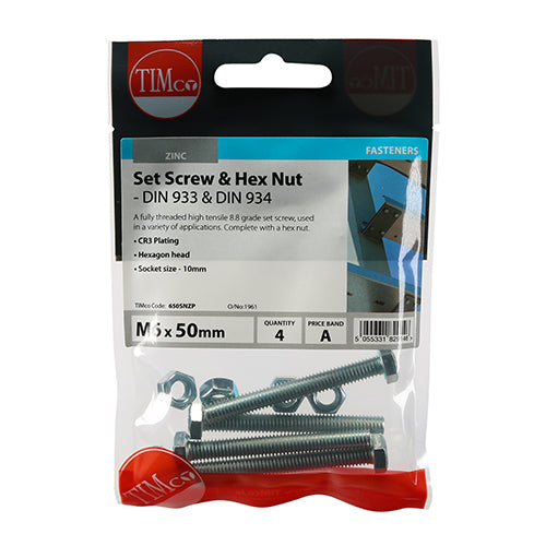 TIMCO Set Screws DIN933 Grade 8.8 & Hex Nut DIN934 Silver - M6 x 50 - Image