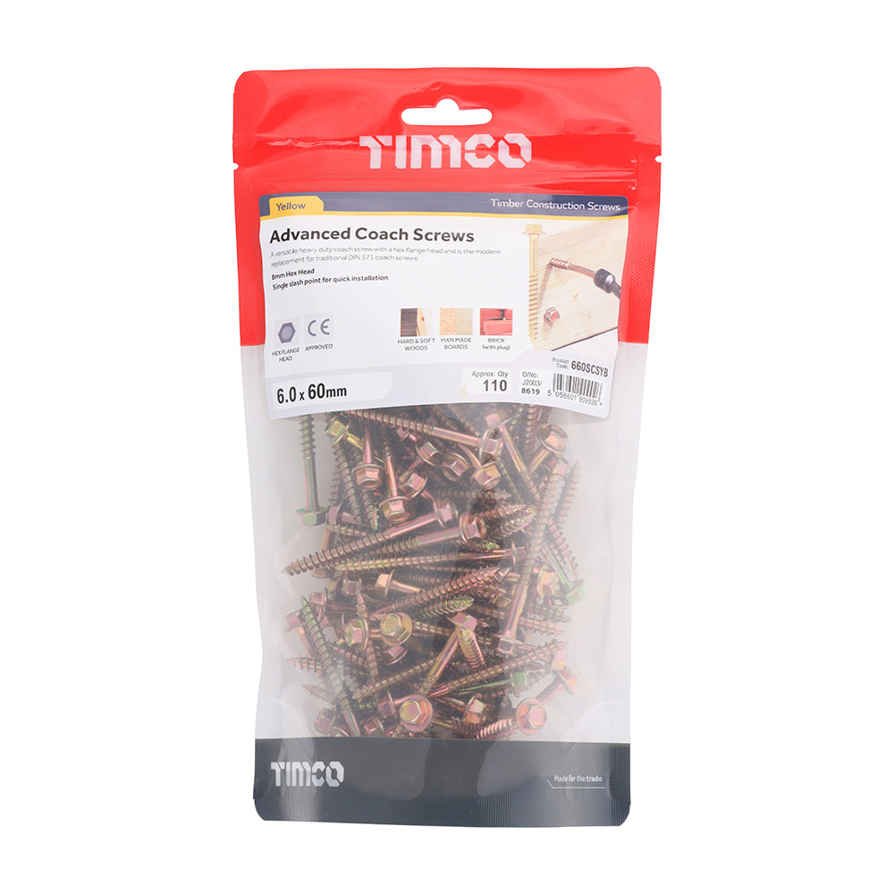 TIMCO Advanced Coach Screws - Hex Flange - Yellow - 6.0 x 60 - Image