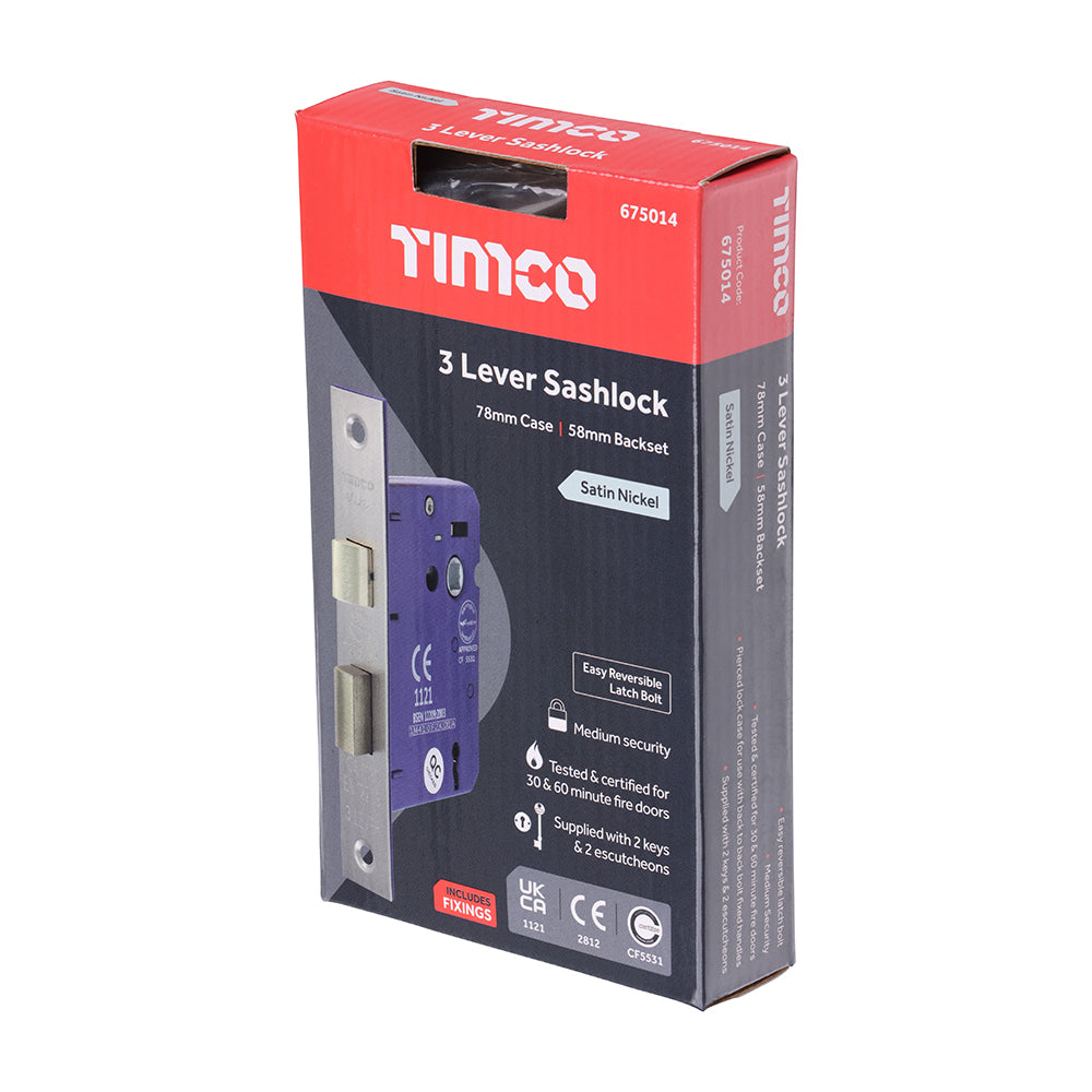 TIMCO 3 Lever Satin Nickel Mortice Sashlock 78mm Case 58mm Backset - Image