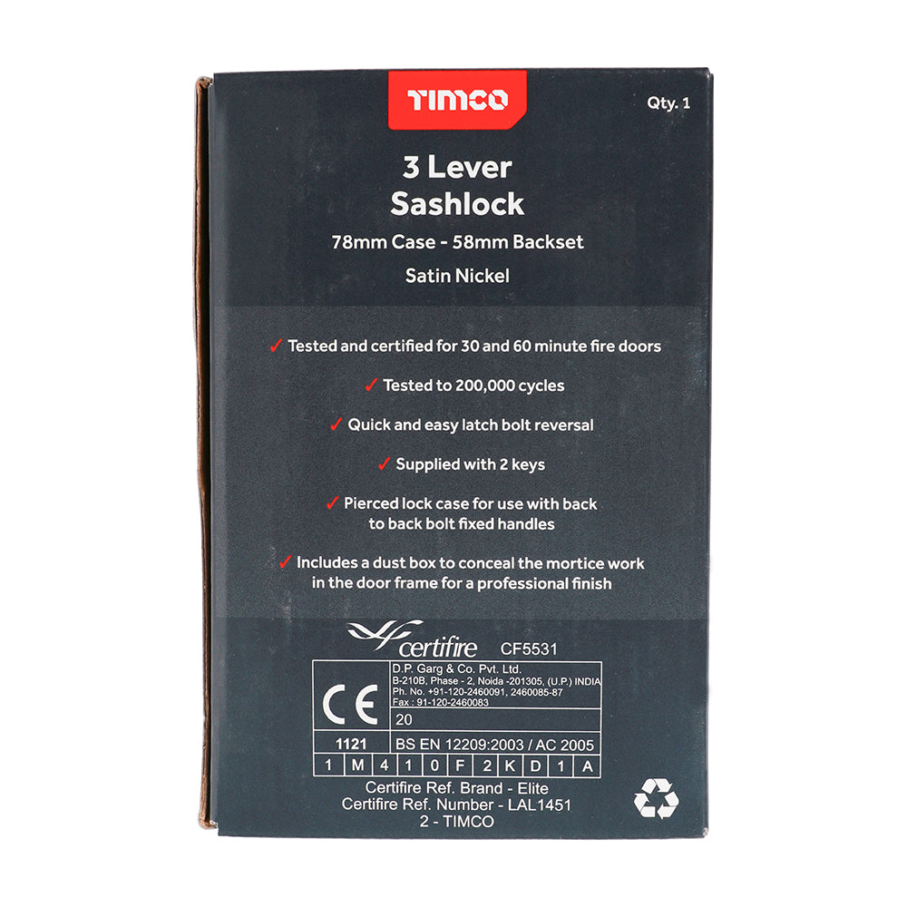 TIMCO 3 Lever Satin Nickel Mortice Sashlock 78mm Case 58mm Backset - Image