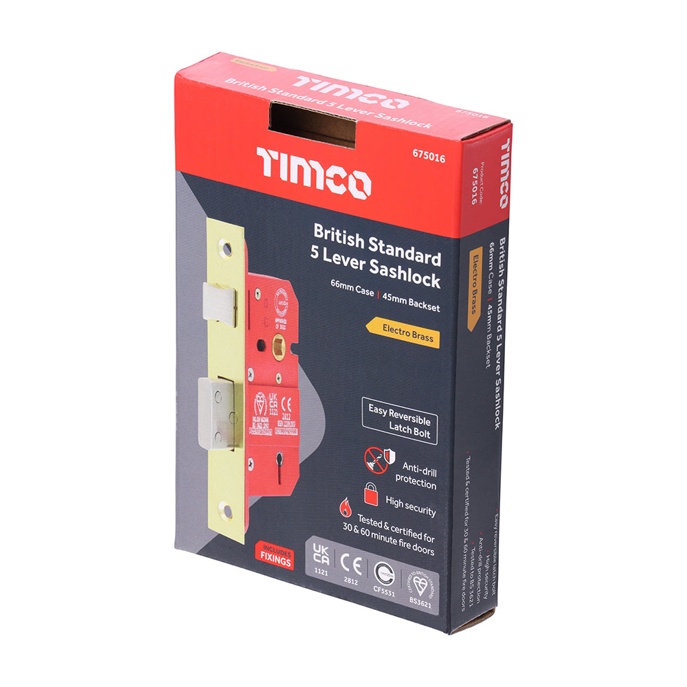 TIMCO 5 Lever British Standard Sashlock - Electro Brass - 66mm - Image
