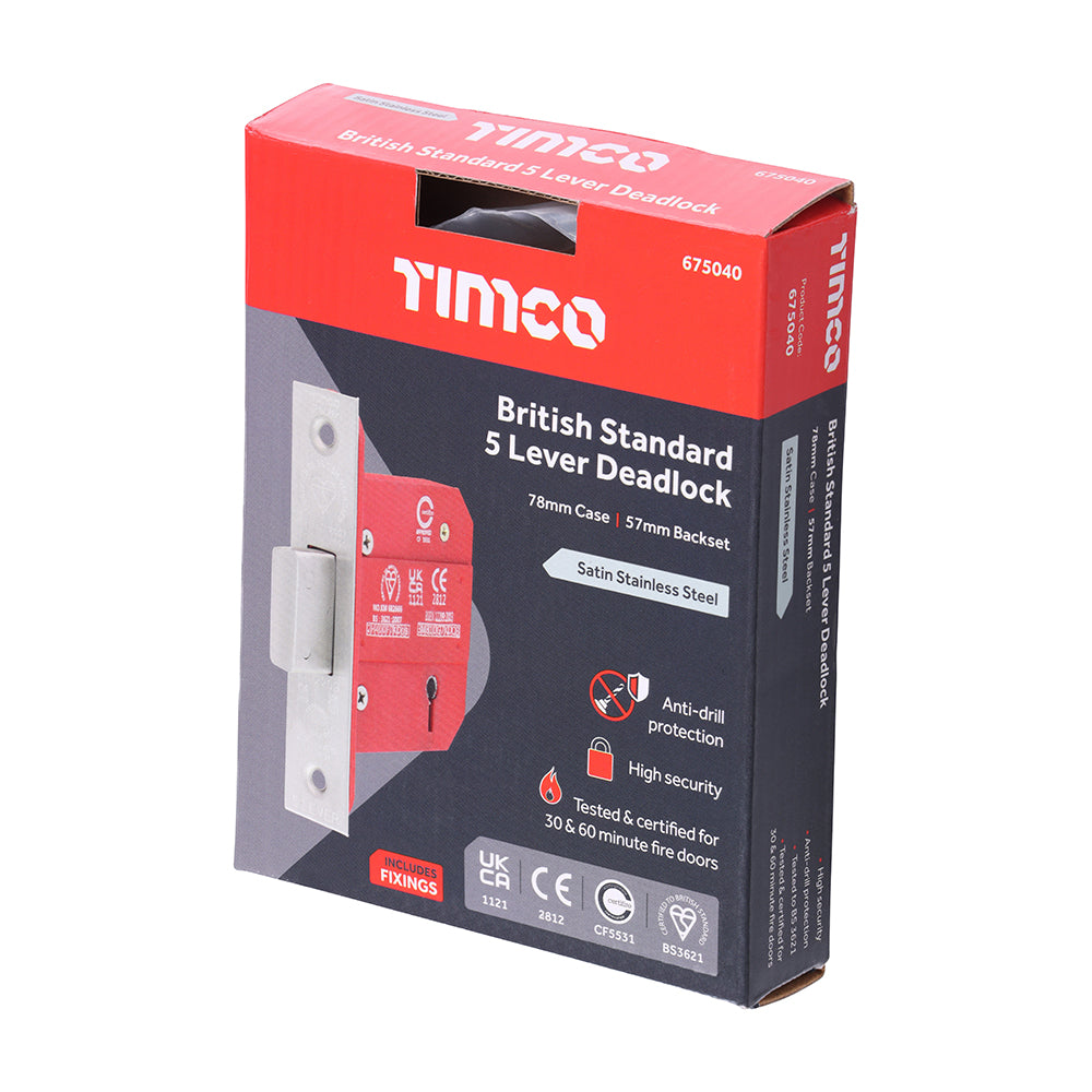 TIMCO 5 Lever British Standard Deadlock - Stainless Steel - Satin - 78mm - Image