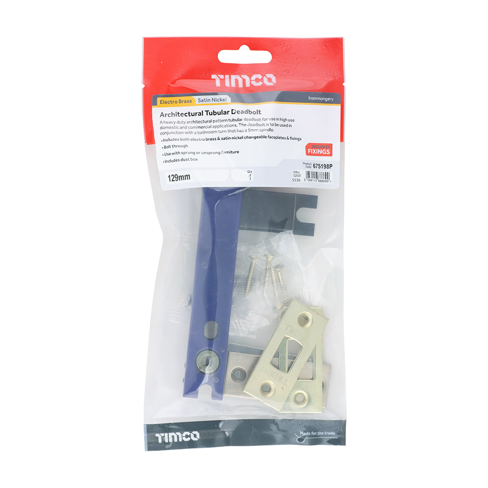 TIMCO Architectural Tubular Deadbolt - Electro Brass & Satin Nickel - 129mm - Image