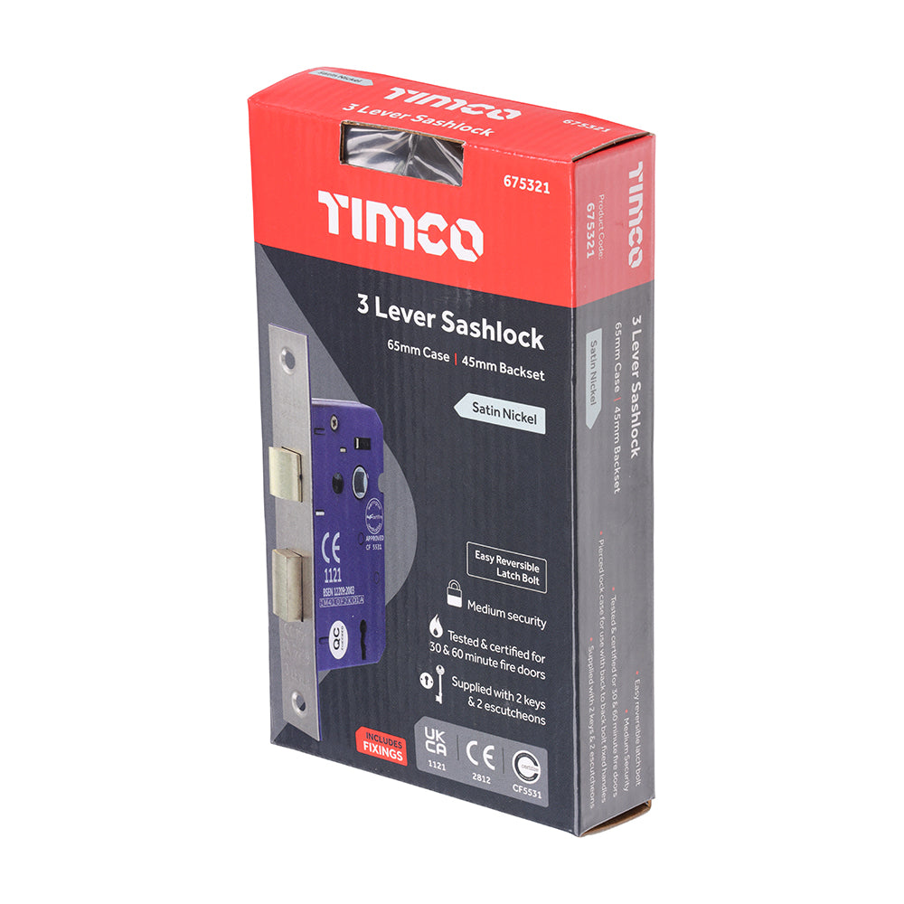 TIMCO 3 Lever Satin Nickel Mortice Sashlock 65mm Case 45mm Backset - Image