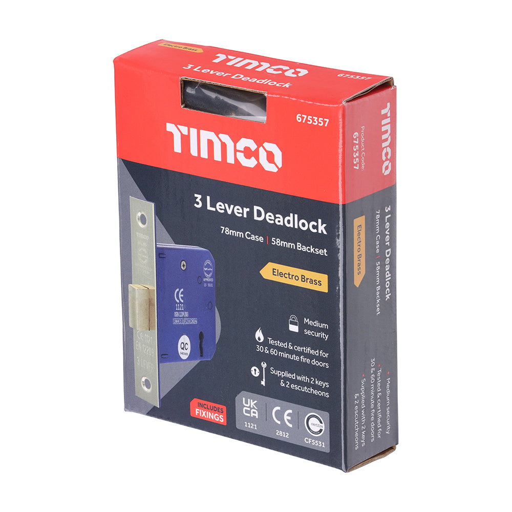 TIMCO 3 Lever Electro Brass Mortice Deadlock 78mm Case 58mm Backset - Image