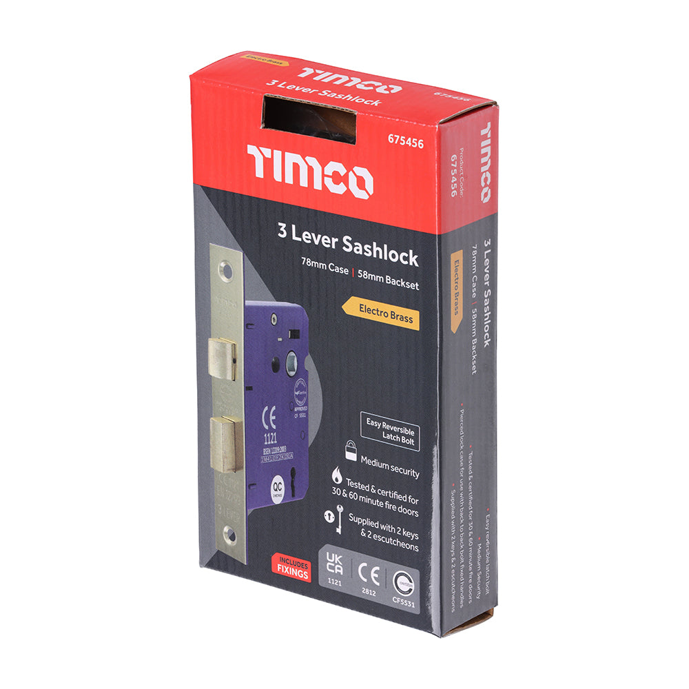 TIMCO 3 Lever Electro Brass Mortice Sashlock 78mm Case 58mm Backset - Image