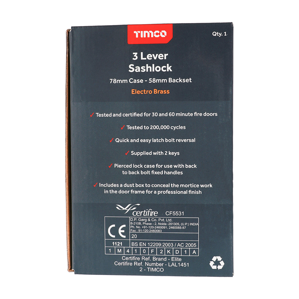 TIMCO 3 Lever Electro Brass Mortice Sashlock 78mm Case 58mm Backset - Image