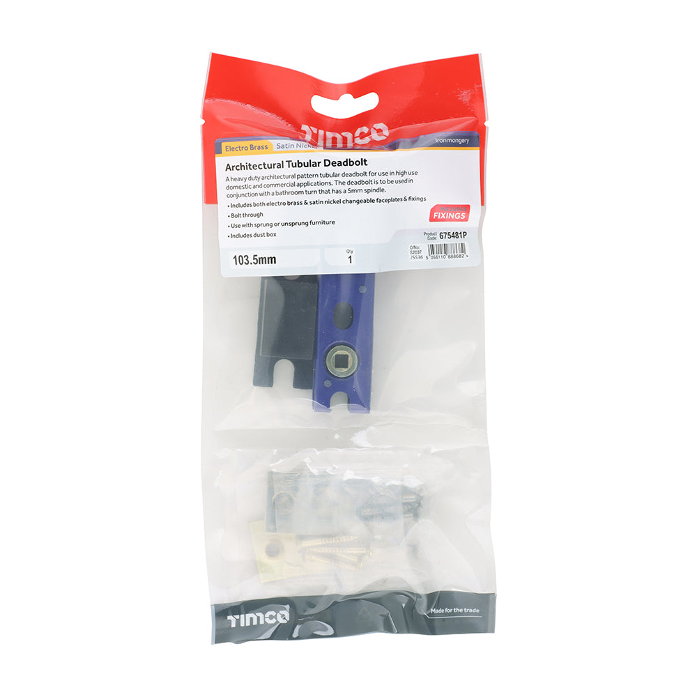TIMCO Architectural Tubular Deadbolt - Electro Brass & Satin Nickel - 103.5mm - Image