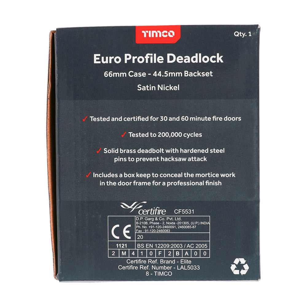 TIMCO Euro Deadlock Satin Nickel - 66mm - Image
