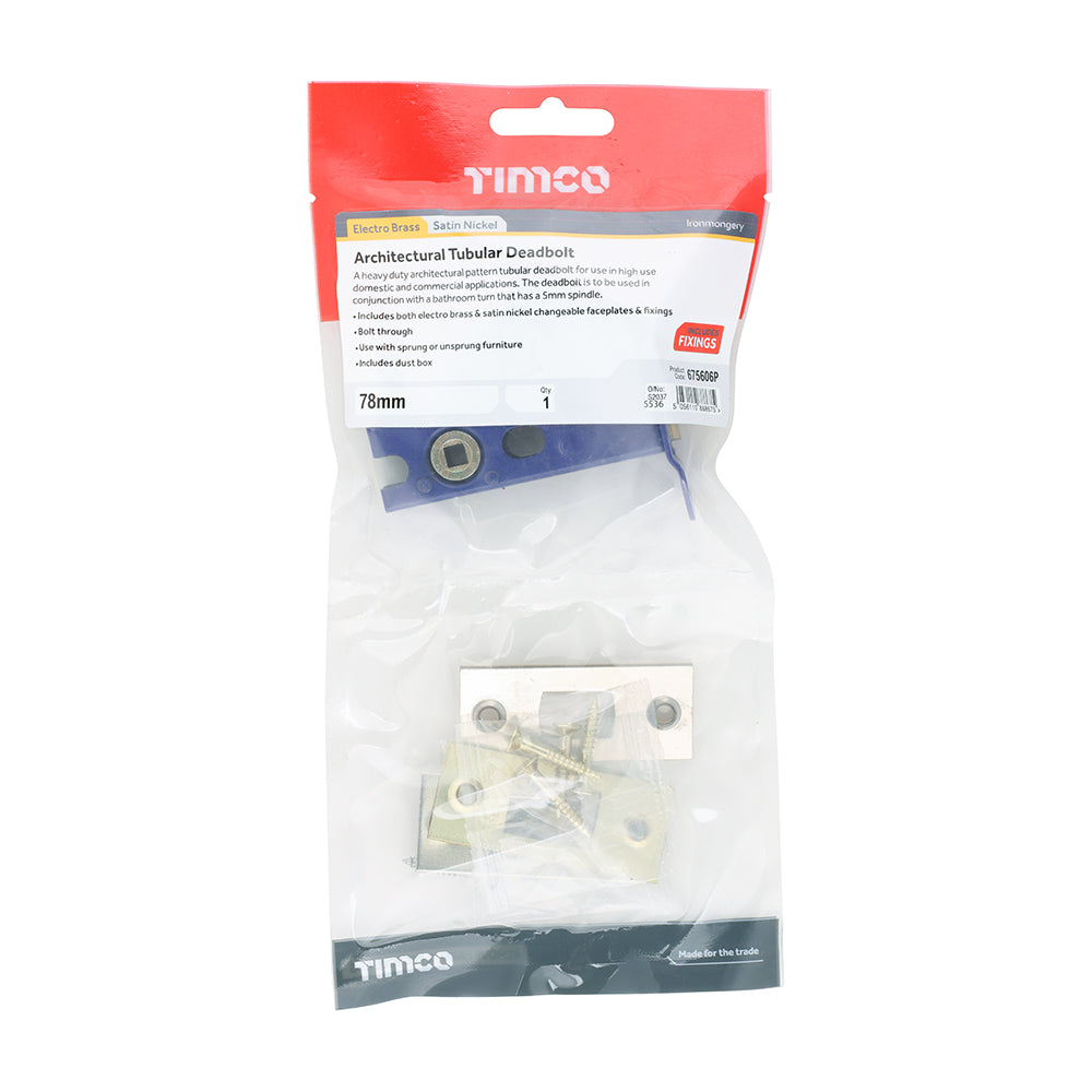 TIMCO Architectural Tubular Deadbolt - Electro Brass & Satin Nickel - 78mm - Image