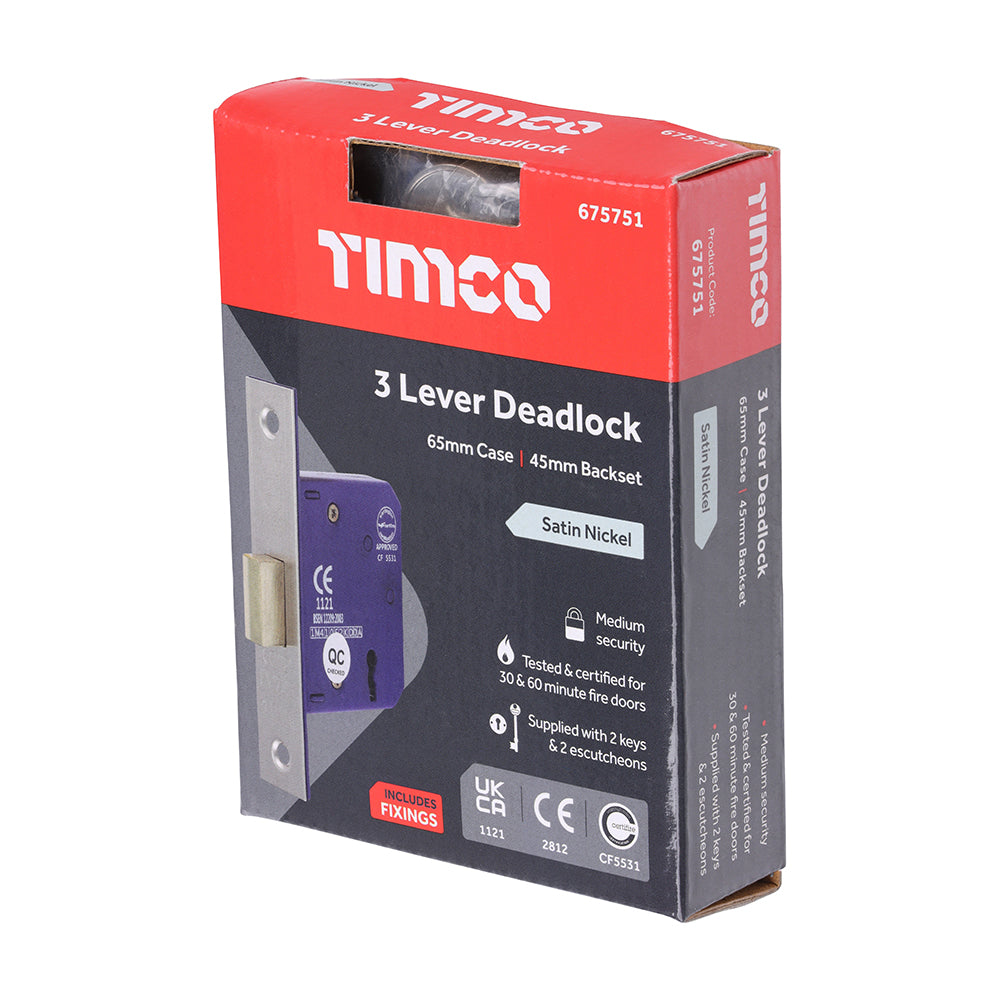 TIMCO 3 Lever Deadlock Satin Nickel - 65mm - Image