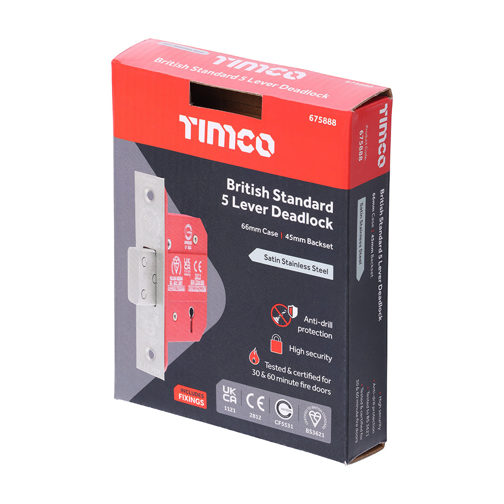 TIMCO 5 Lever British Standard Deadlock - Stainless Steel - Satin - 66mm - Image