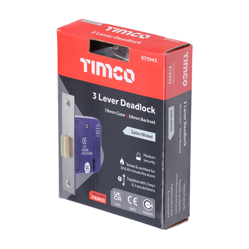 TIMCO 3 Lever Deadlock Satin Nickel - 78mm - Image