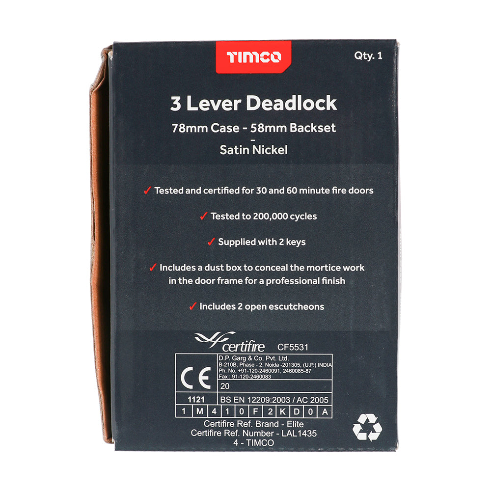 TIMCO 3 Lever Deadlock Satin Nickel - 78mm - Image