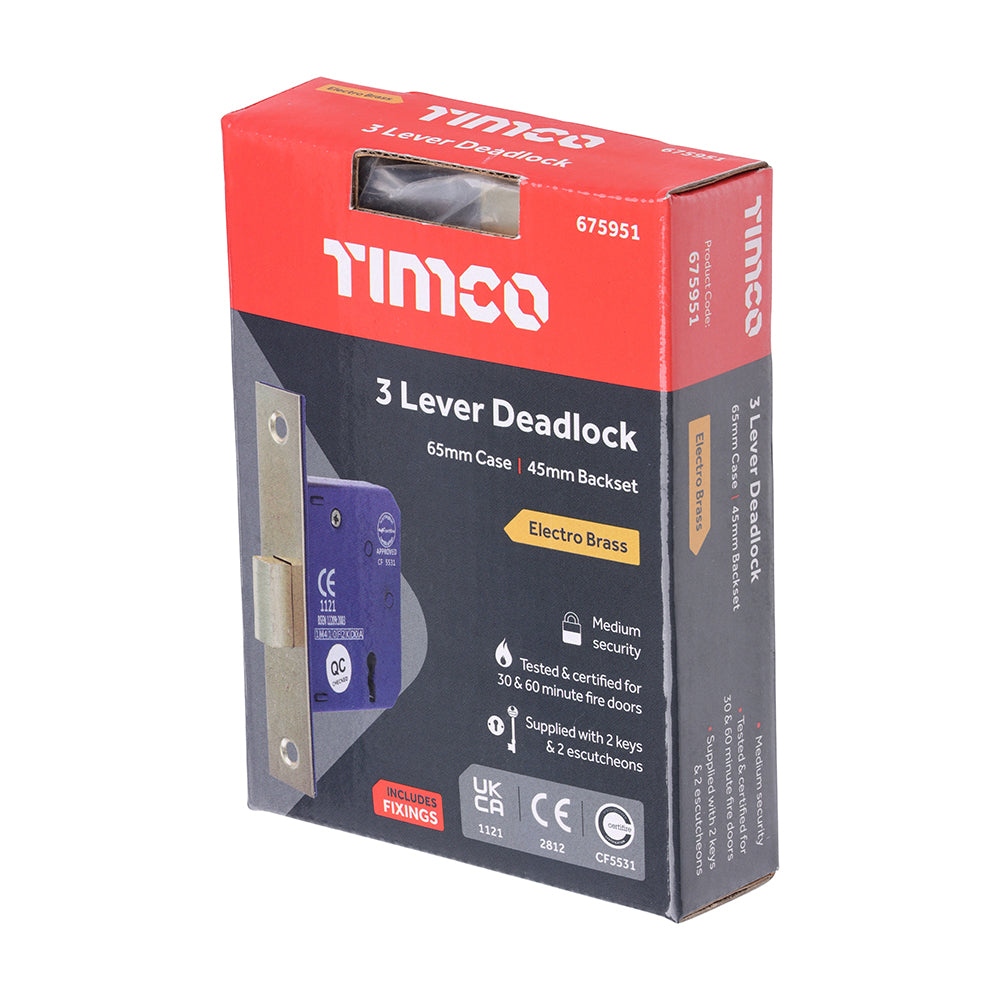 TIMCO 3 Lever Electro Brass Mortice Deadlock 65mm Case 45mm Backset - Image