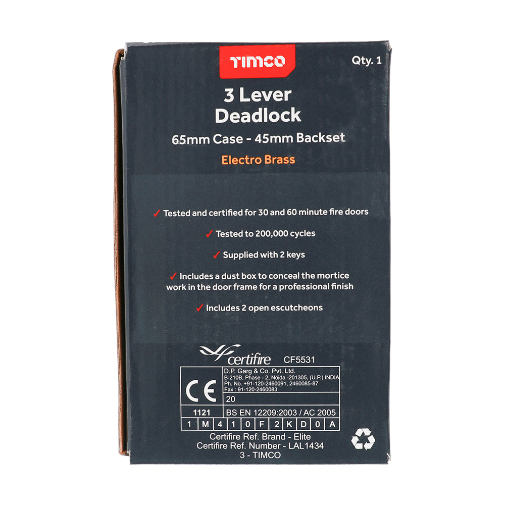 TIMCO 3 Lever Electro Brass Mortice Deadlock 65mm Case 45mm Backset - Image