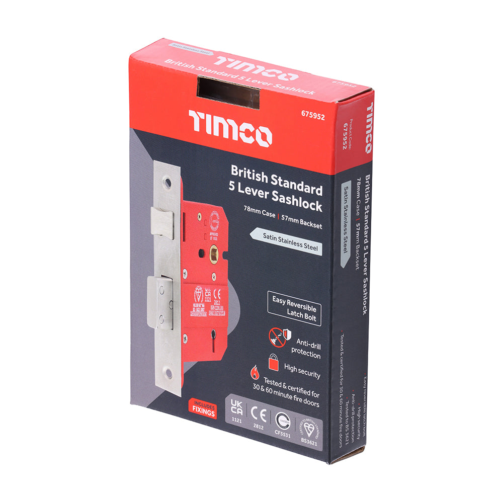 TIMCO 5 Lever British Standard Sashlock - Stainless Steel - Satin - 78mm - Image