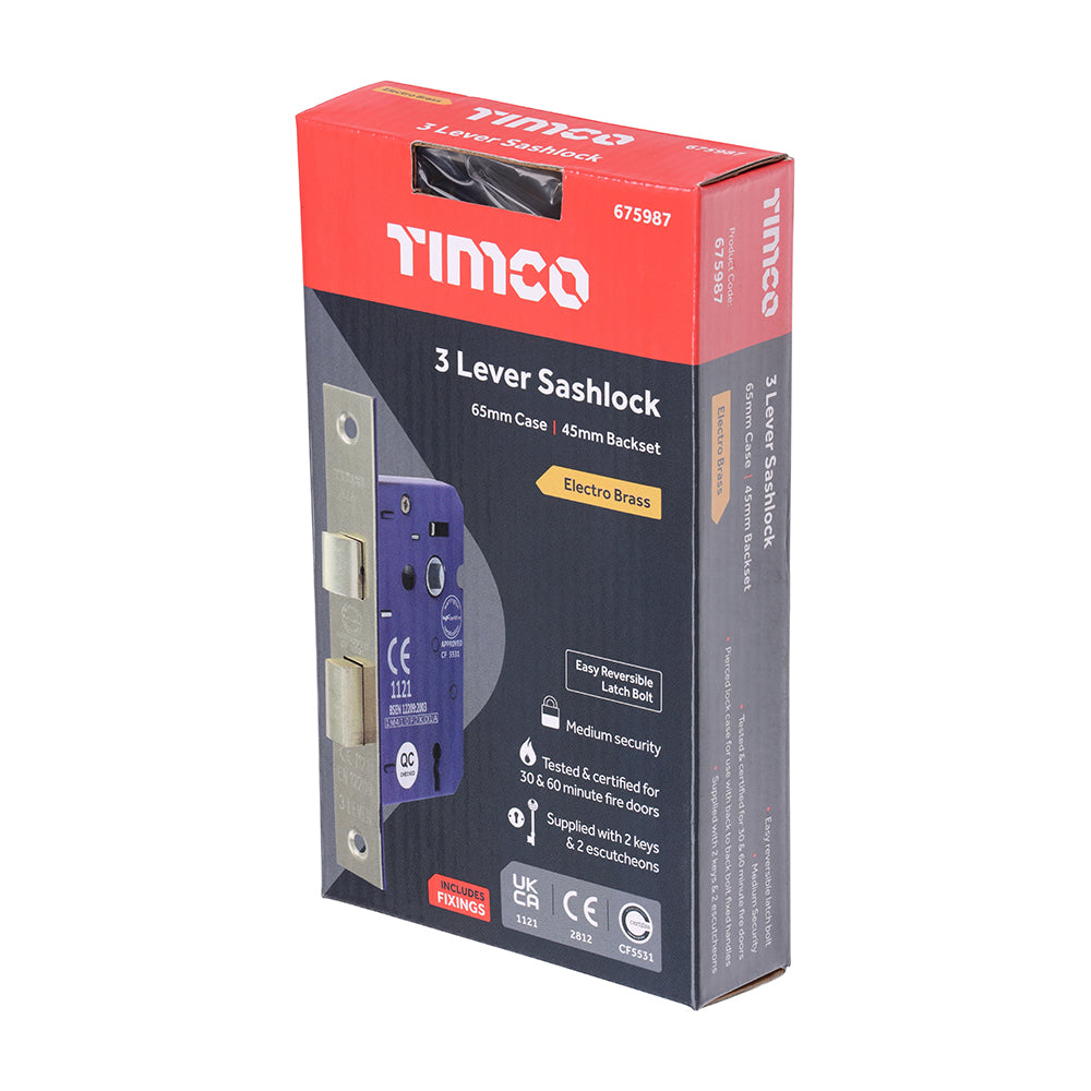 TIMCO 3 Lever Electro Brass Mortice Sashlock 65mm Case 45mm Backset - Image