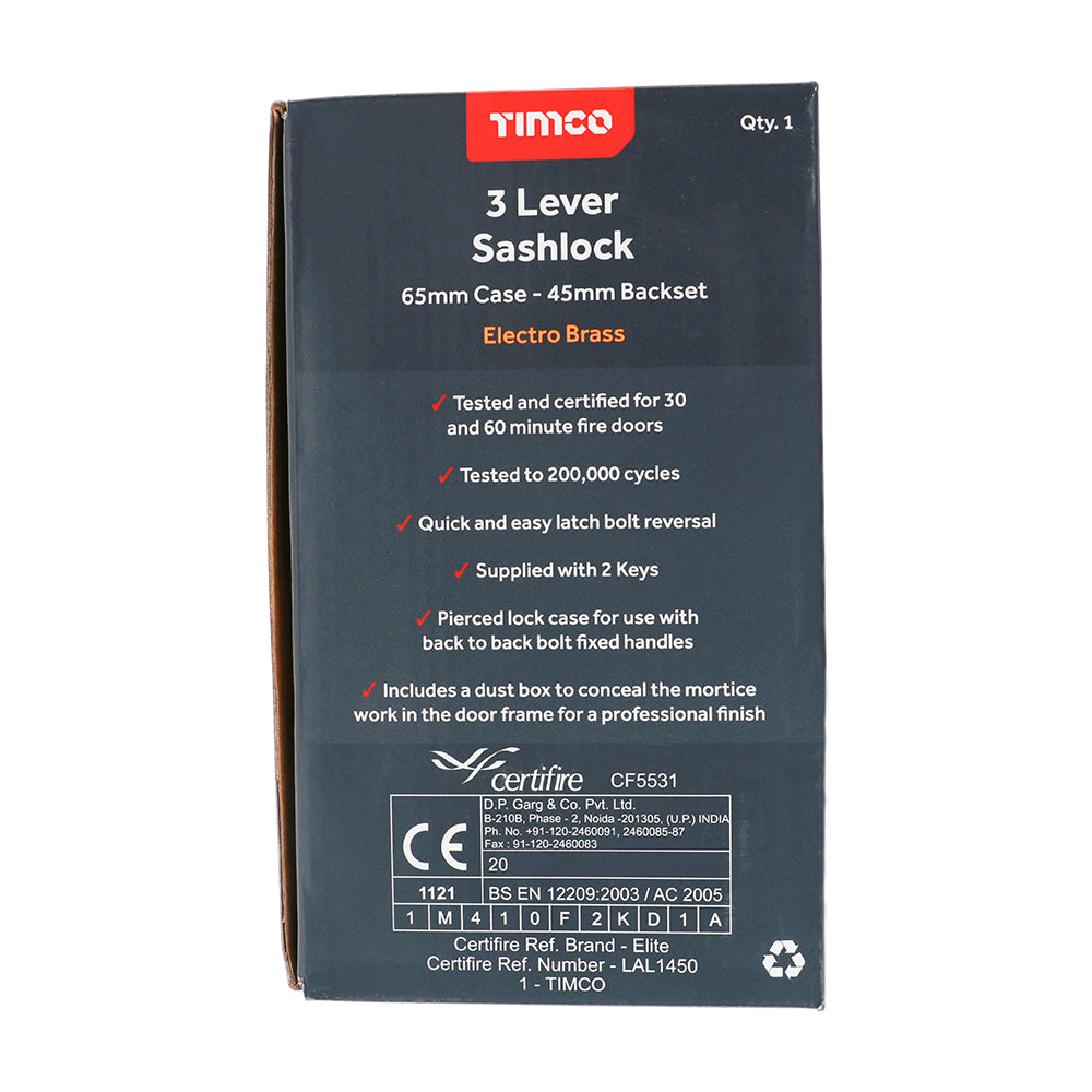 TIMCO 3 Lever Electro Brass Mortice Sashlock 65mm Case 45mm Backset - Image