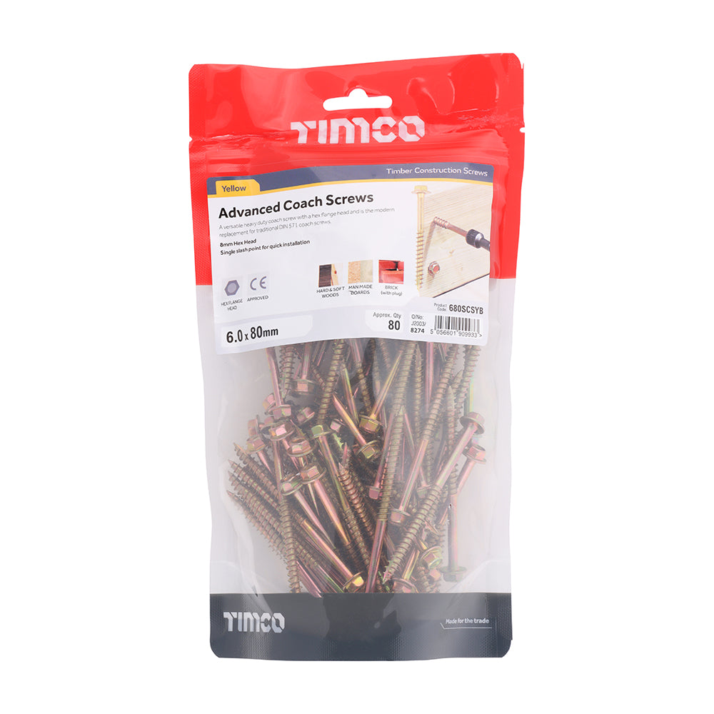 TIMCO Advanced Coach Screws - Hex Flange - Yellow - 6.0 x 80 - Image