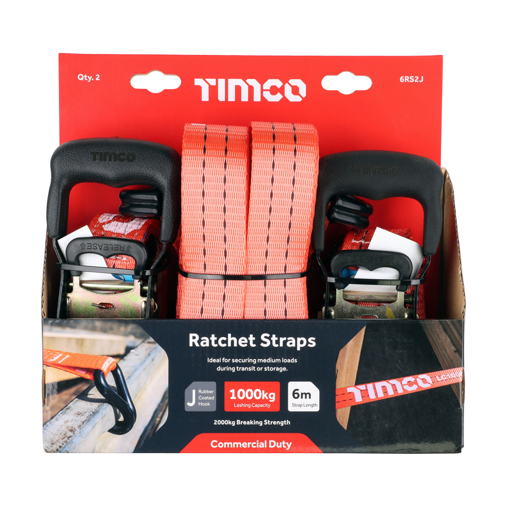 TIMCO J Hook Ratchet Straps Commercial Duty - 6m x 35mm - Image