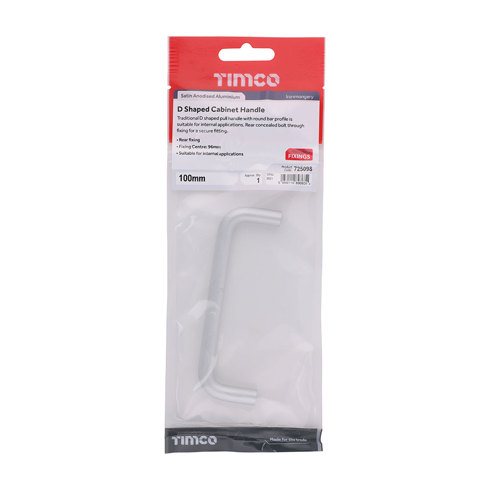 TIMCO D Shaped Cabinet Handle - Satin Anodised Aluminium - 100mm - Image