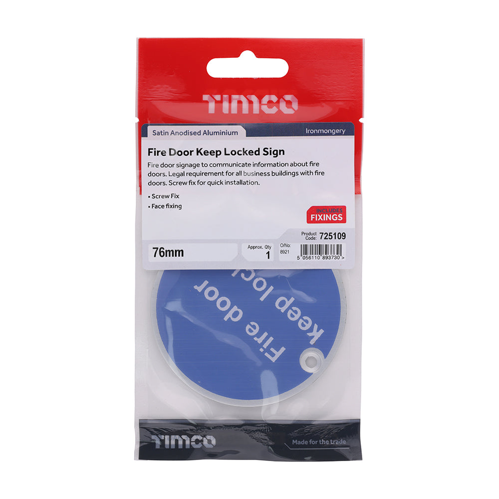 TIMCO Fire Door Keep Locked Sign - Satin Anodised Aluminium - 76mm - Image