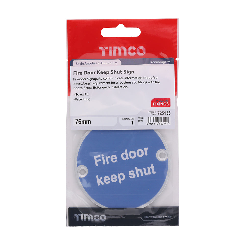 TIMCO Fire Door Keep Shut Sign - Satin Anodised Aluminium - 76mm - Image