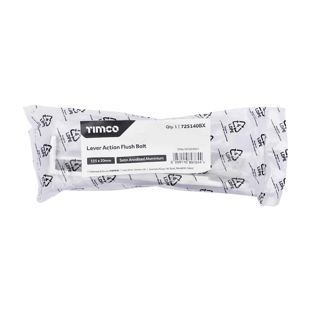 TIMCO Lever Action Flush Bolt - Satin Anodised Aluminium - 155 x 20 - Image