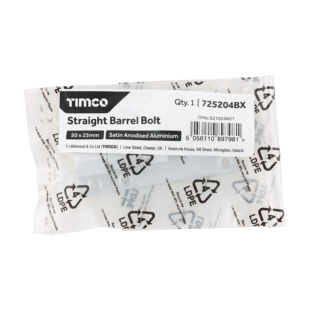 TIMCO Straight Barrel Bolt - Satin Aluminum - 50 x 25 - Image