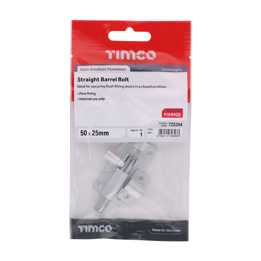 TIMCO Straight Barrel Bolt - Satin Aluminium - 50 x 25 - Image