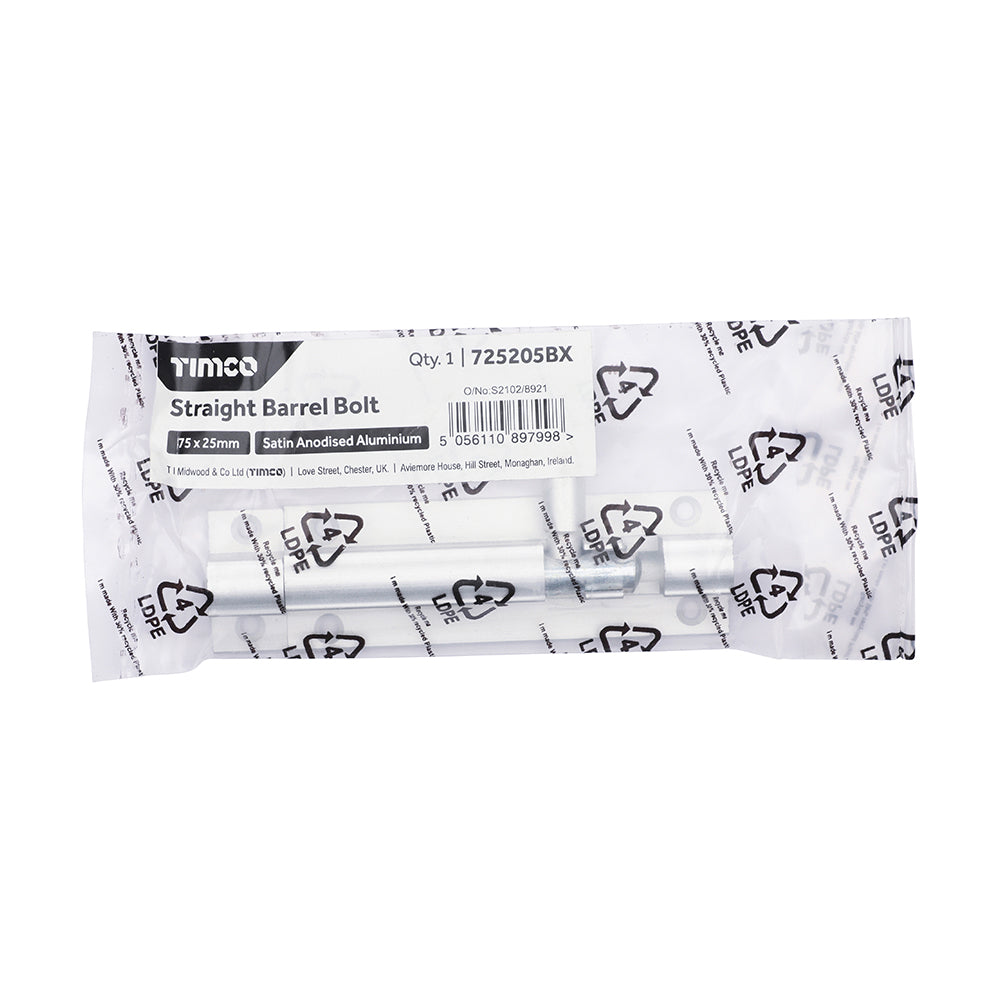 TIMCO Straight Barrel Bolt - Satin Aluminum - 75 x 25 - Image
