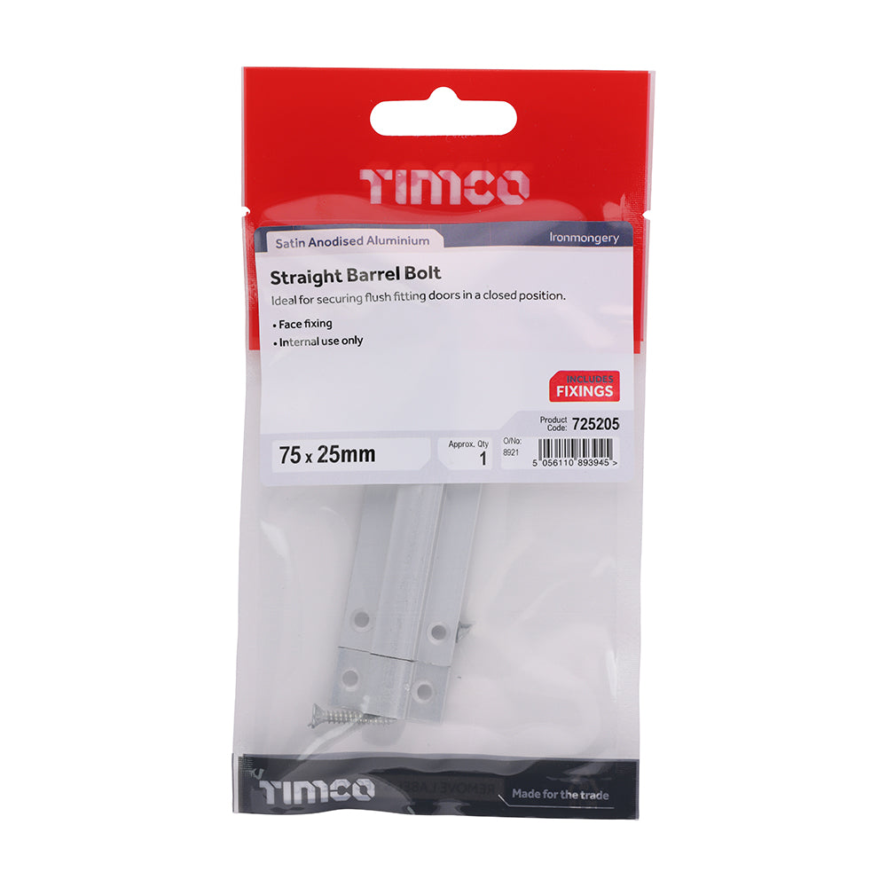 TIMCO Straight Barrel Bolt - Satin Aluminium - 75 x 25 - Image