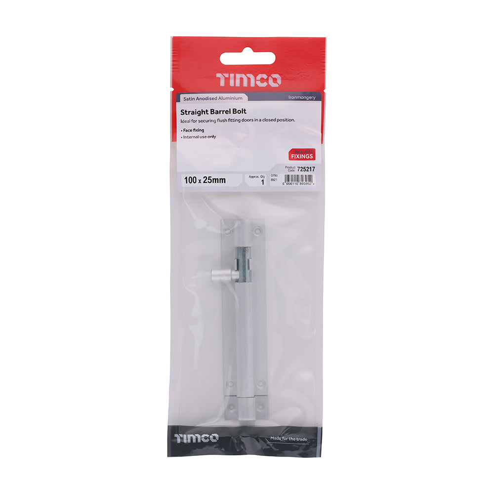 TIMCO Straight Barrel Bolt - Satin Aluminium - 100 x 25 - Image