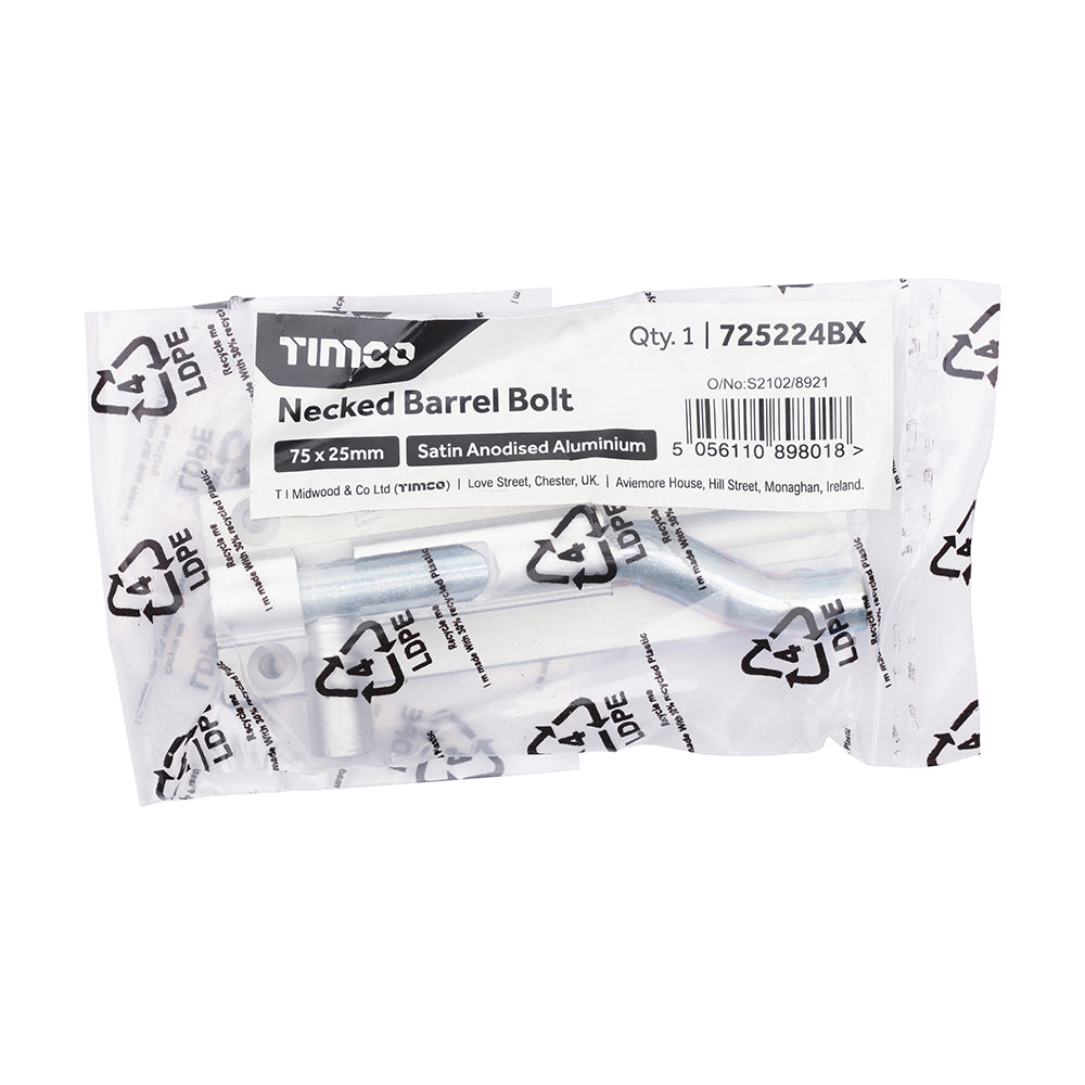 TIMCO Necked Barrel Bolt - Satin Anodised Aluminium - 75 x 25 - Image