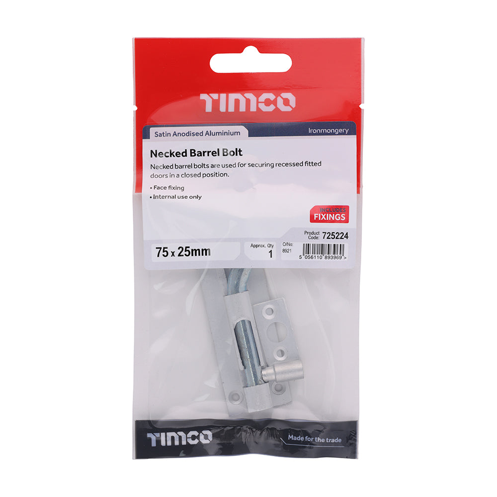TIMCO Necked Barrel Bolt - Satin Anodised Aluminium - 75 x 25 - Image