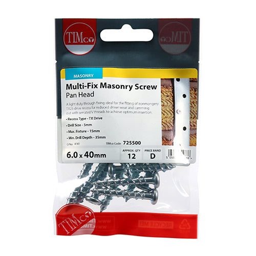TIMCO Masonry Screws Pan Head Silver - 6.0 x 40 - Image