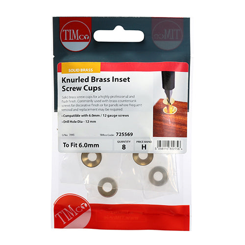 TIMCO Knurled Brass Inset Screw Cup - To fit 5.5, 6.0 Screw - Image