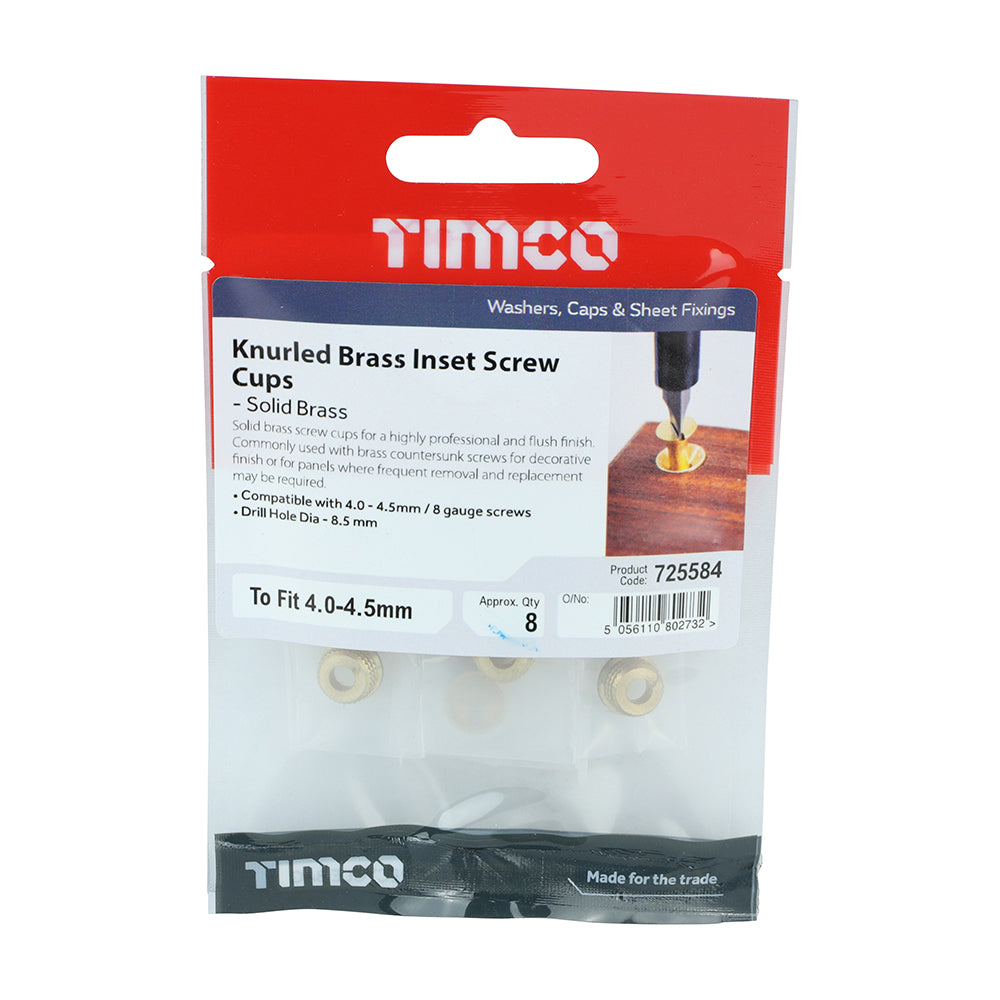 TIMCO Knurled Brass Inset Screw Cup - To fit 4.0, 4.2, 4.5 Screw - Image