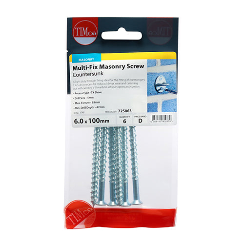 TIMCO Masonry Screws Countersunk Silver - 6.0 x 100 - Image